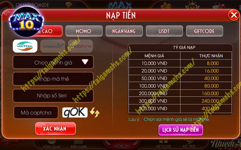 nạp tiền max 10 bằng thẻ cào